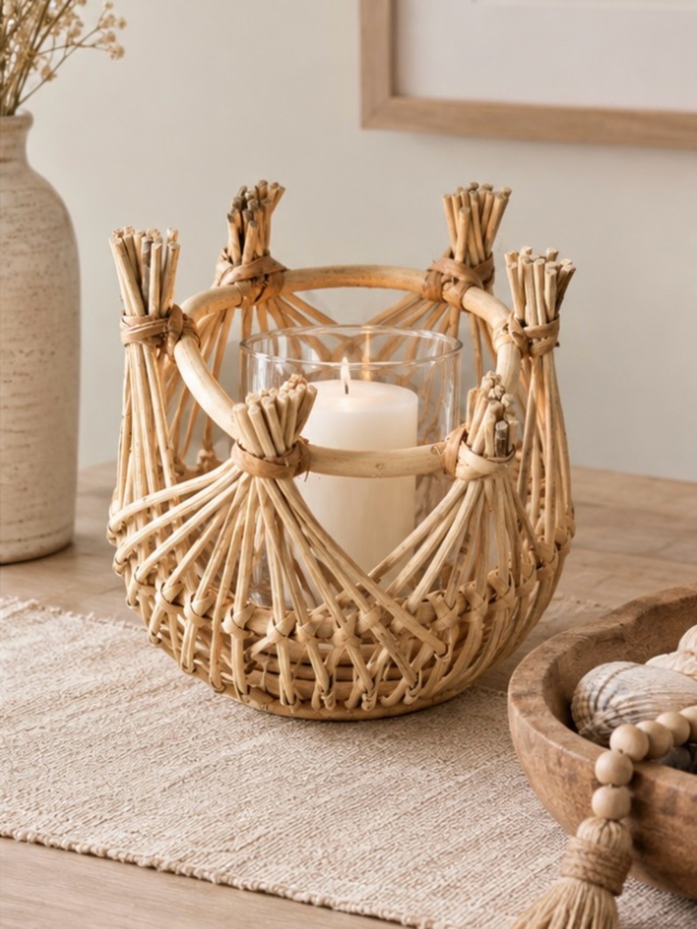 Handwoven Natural Rattan Hurricane Candle Holder - Beige Glass Cylinder Boho